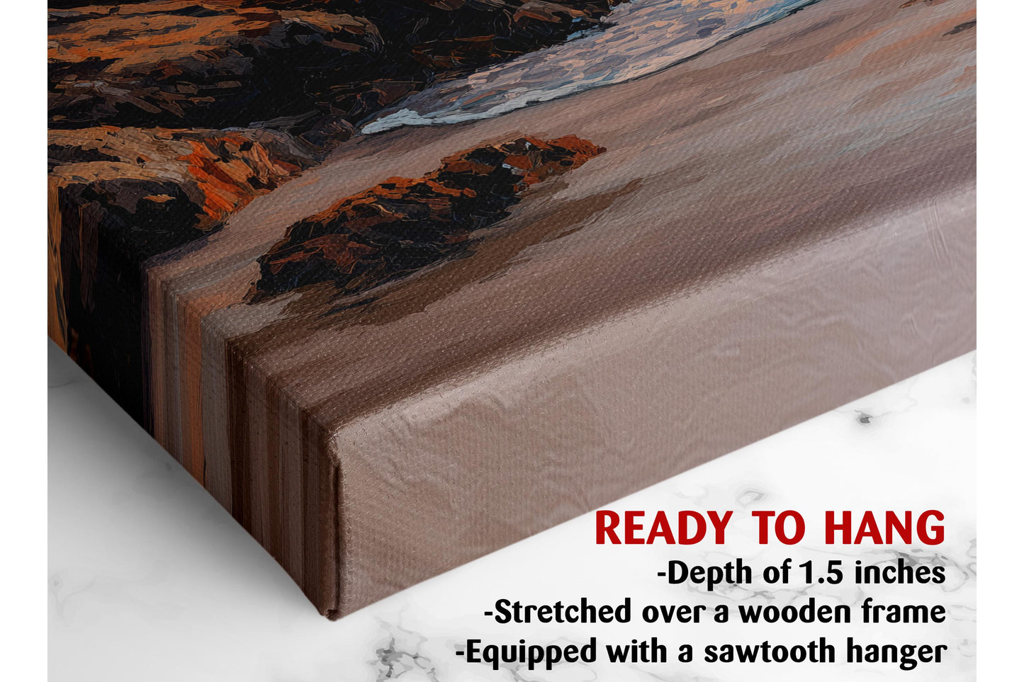 Coastal Canvas Wall Art – Sunset Ocean Waves Rocky Shore Framed or Rolled Print