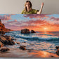 Coastal Canvas Wall Art – Sunset Ocean Waves Rocky Shore Framed or Rolled Print