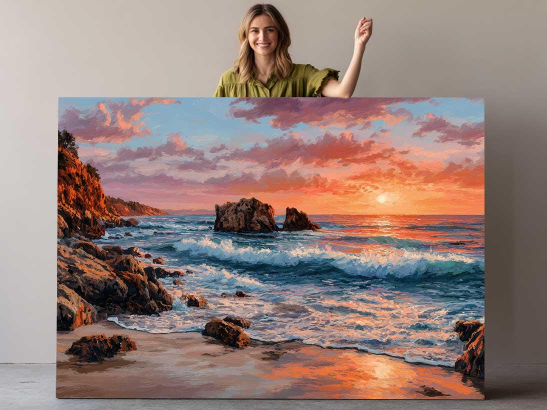 Coastal Canvas Wall Art – Sunset Ocean Waves Rocky Shore Framed or Rolled Print
