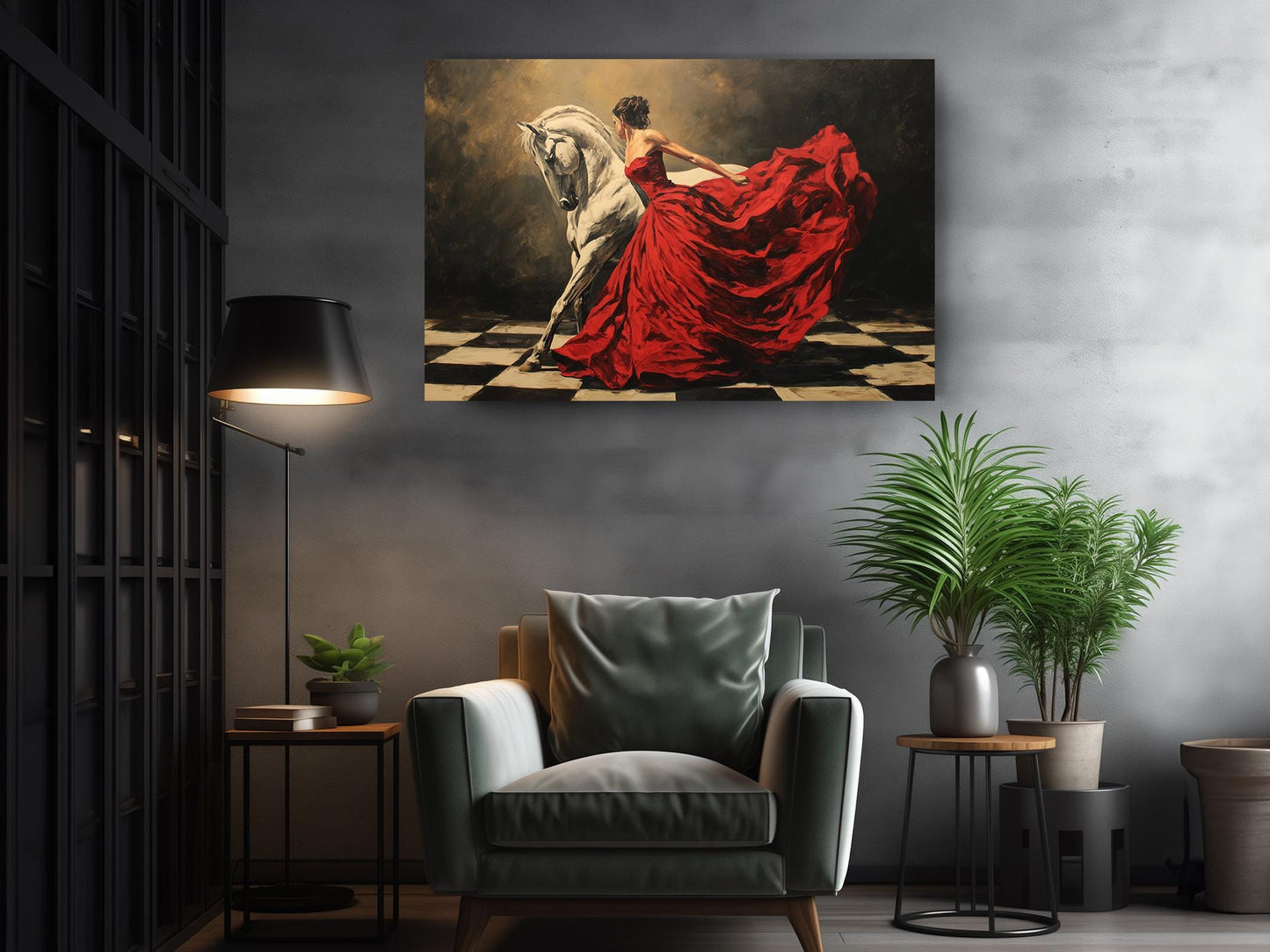 Canvas Art Print – Elegant Lady and White Horse in Red Dress | Museum Quality