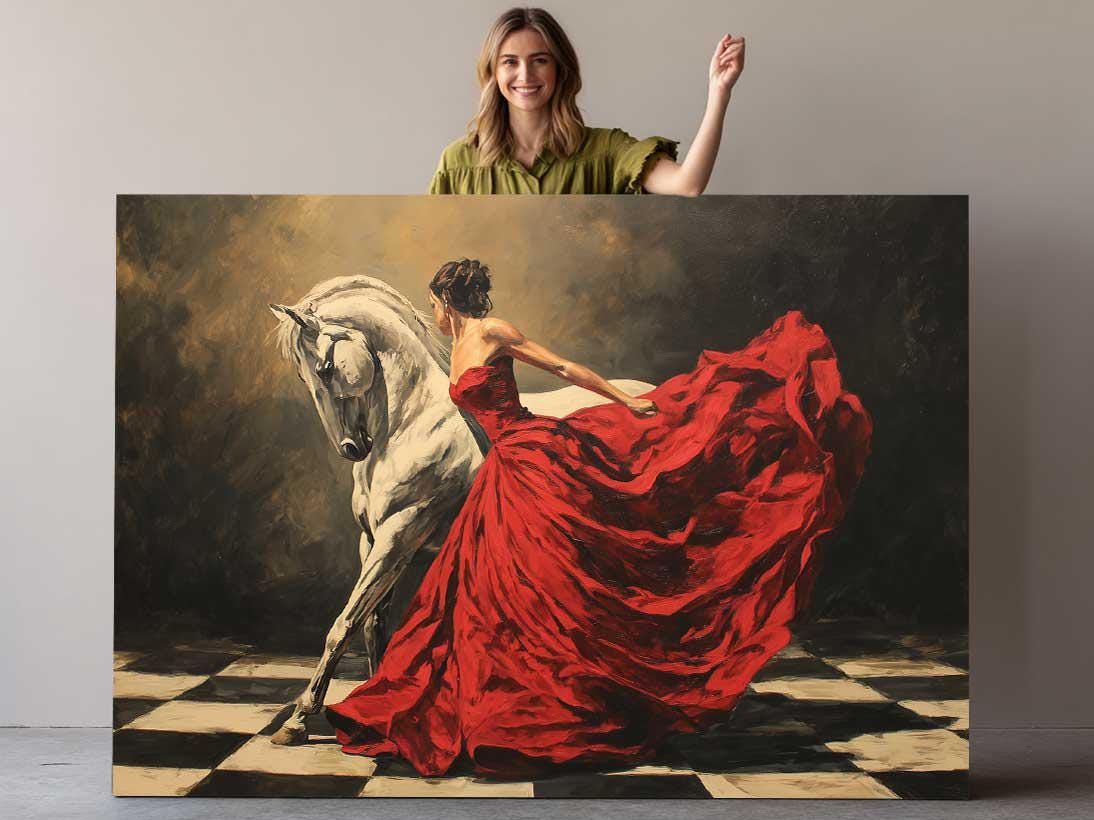 Canvas Art Print – Elegant Lady and White Horse in Red Dress | Museum Quality