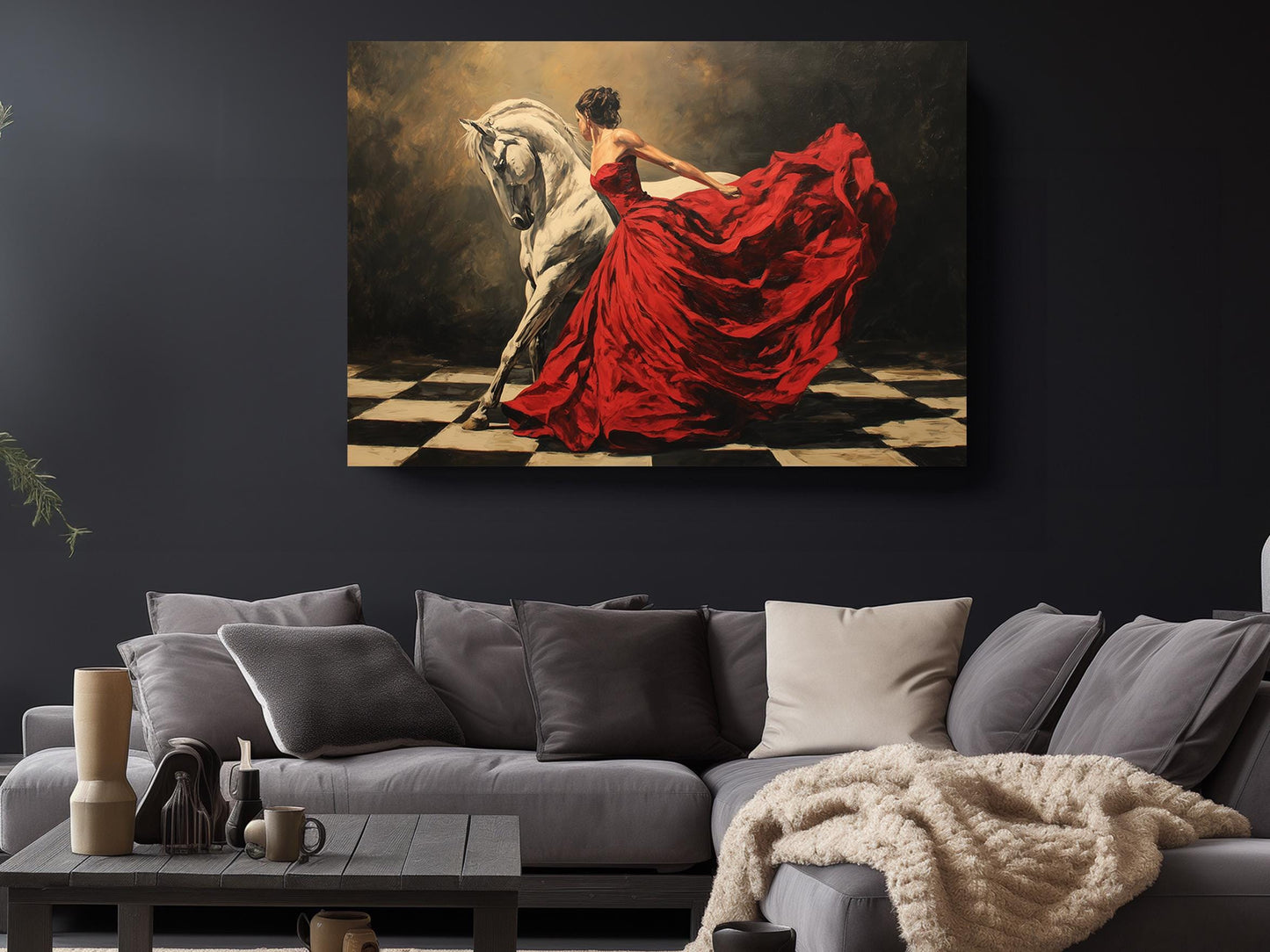 Canvas Art Print – Elegant Lady and White Horse in Red Dress | Museum Quality