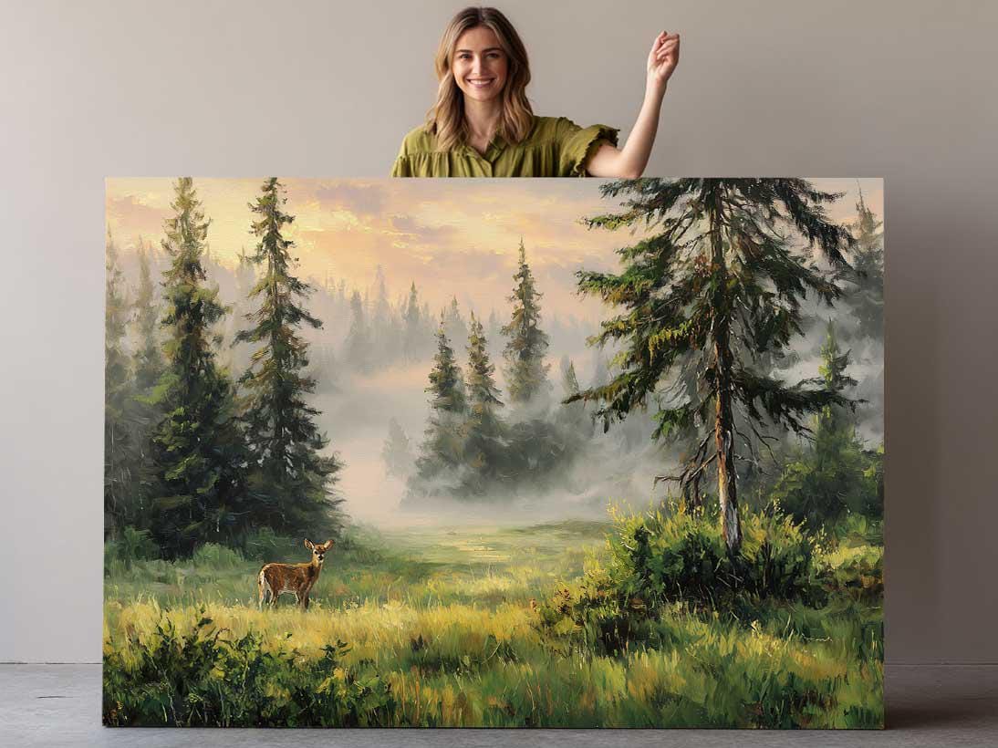 Forest Deer Canvas | Misty Landscape Nature Wall Art - Ready to Hang Print