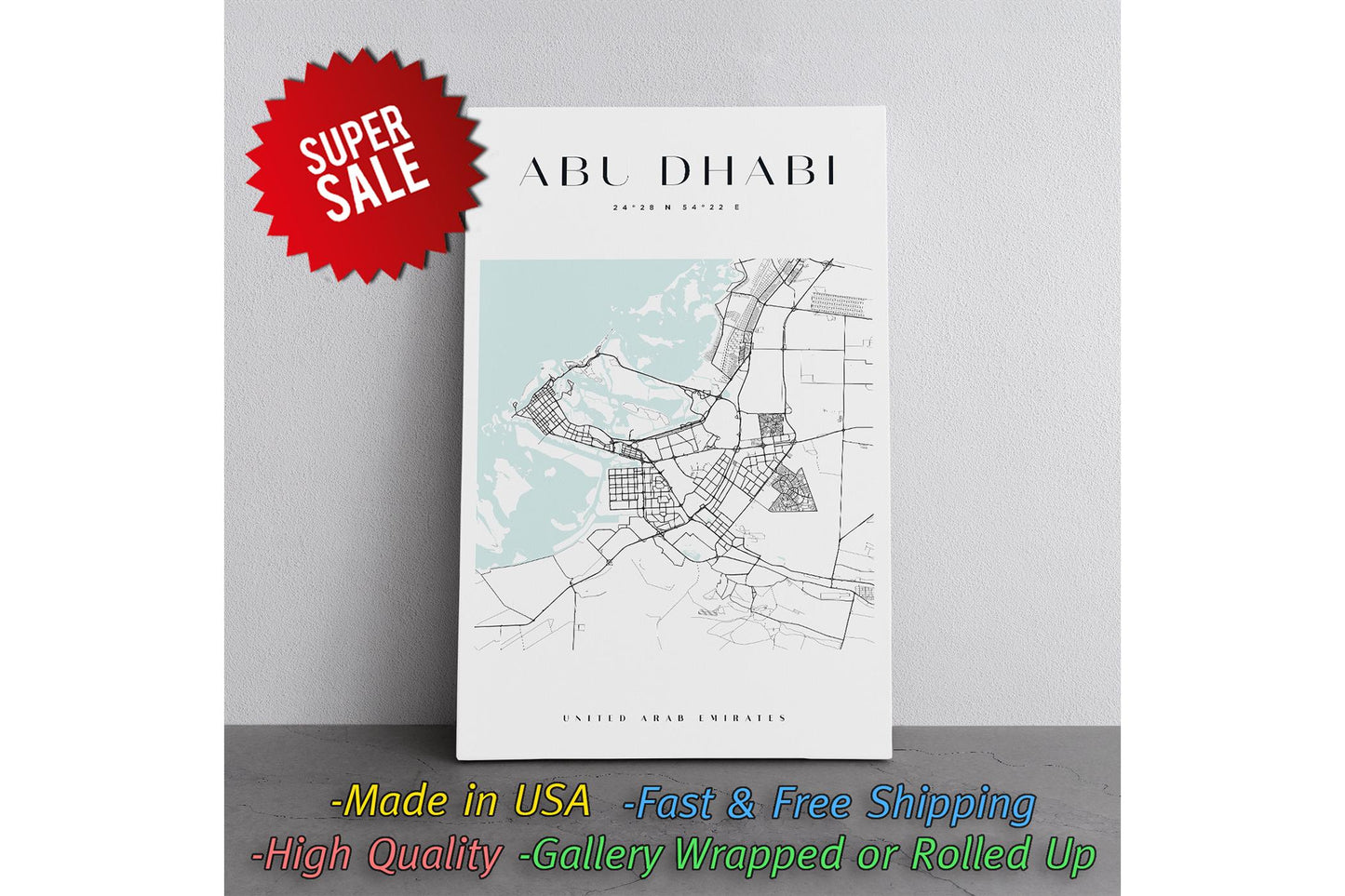 Abu Dhabi Canvas Print – Minimalist City Map Art | Rolled or Ready to Hang