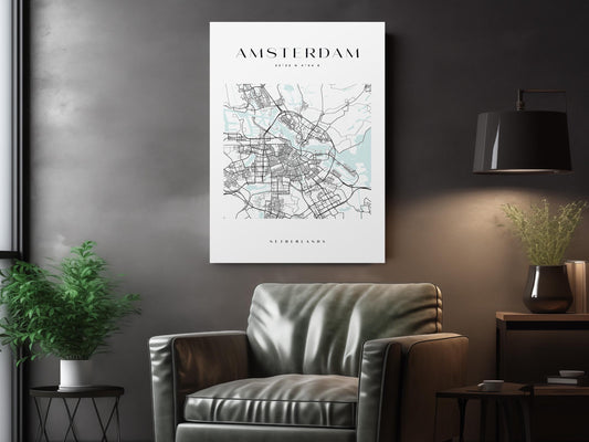Amsterdam Map Canvas - Modern Minimalist City Wall Art | Rolled Or Ready To Hang