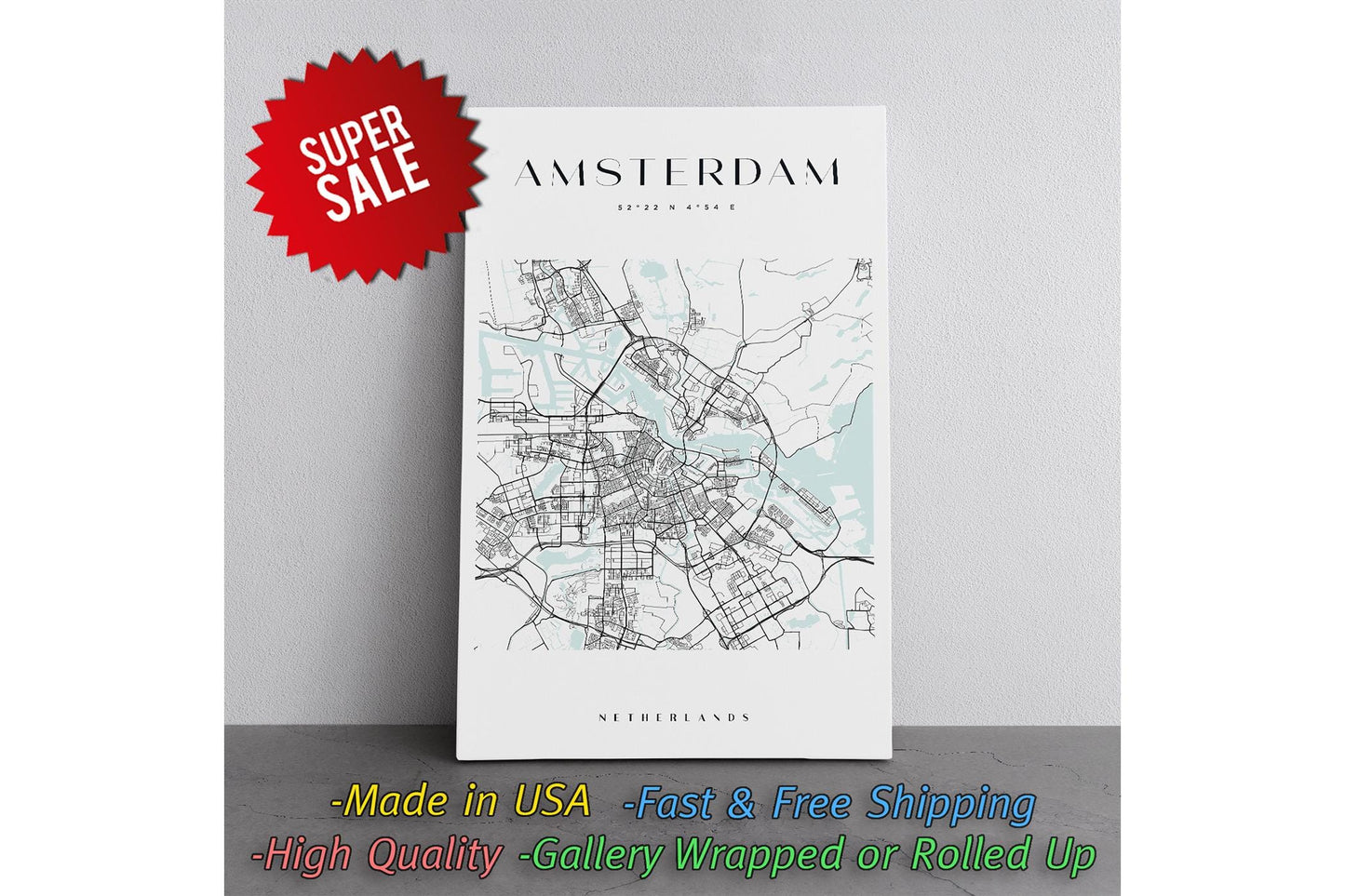 Amsterdam Map Canvas - Modern Minimalist City Wall Art | Rolled Or Ready To Hang