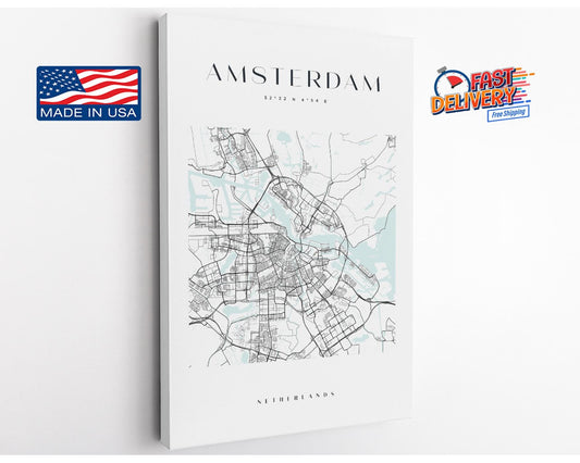 Amsterdam Map Canvas - Modern Minimalist City Wall Art | Rolled Or Ready To Hang
