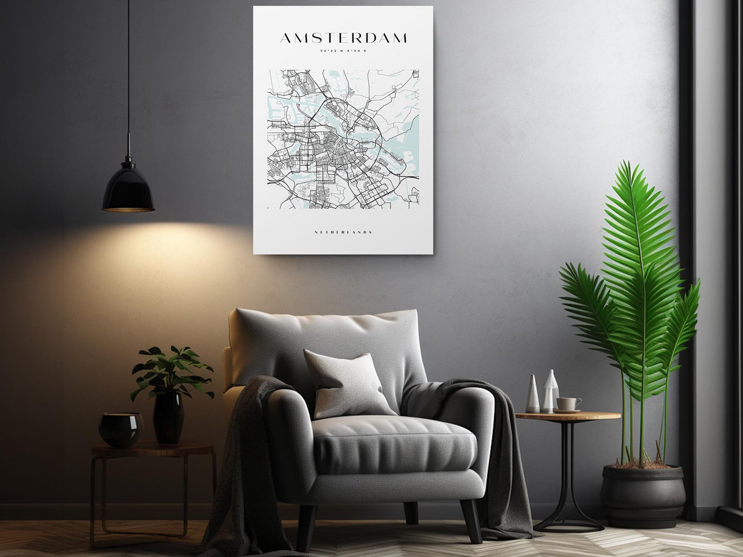 Amsterdam Map Canvas - Modern Minimalist City Wall Art | Rolled Or Ready To Hang