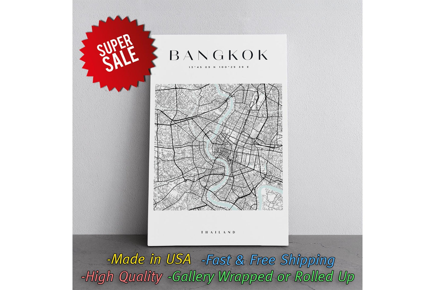 Bangkok Map Canvas | Modern City Map Print – Minimalist Thailand Wall Art