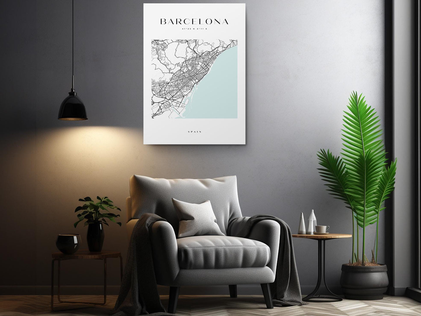 Barcelona Map Canvas | Modern City Map Art - Minimalist Spain Wall Decor