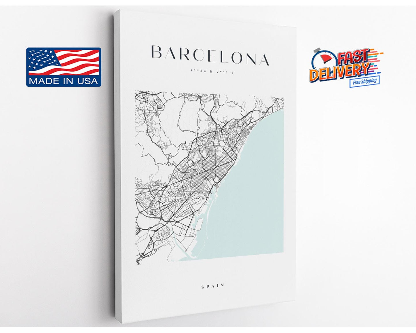 Barcelona Map Canvas | Modern City Map Art - Minimalist Spain Wall Decor
