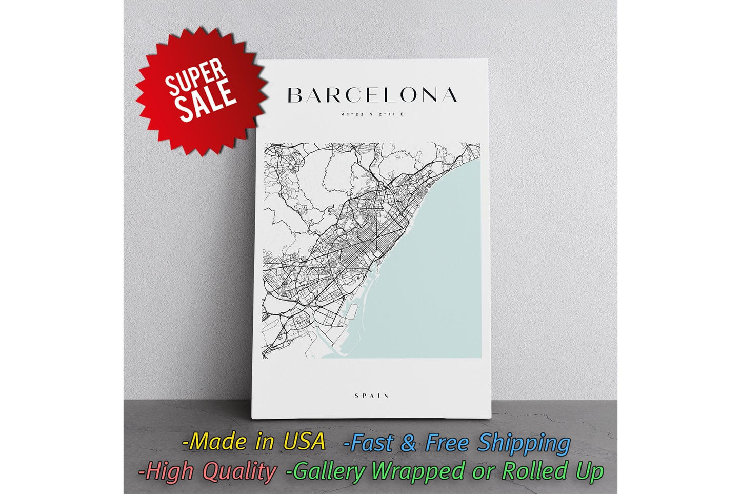 Barcelona Map Canvas | Modern City Map Art - Minimalist Spain Wall Decor