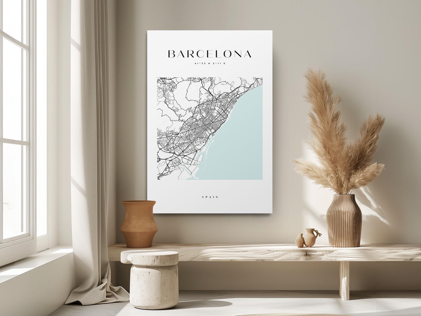 Barcelona Map Canvas | Modern City Map Art - Minimalist Spain Wall Decor