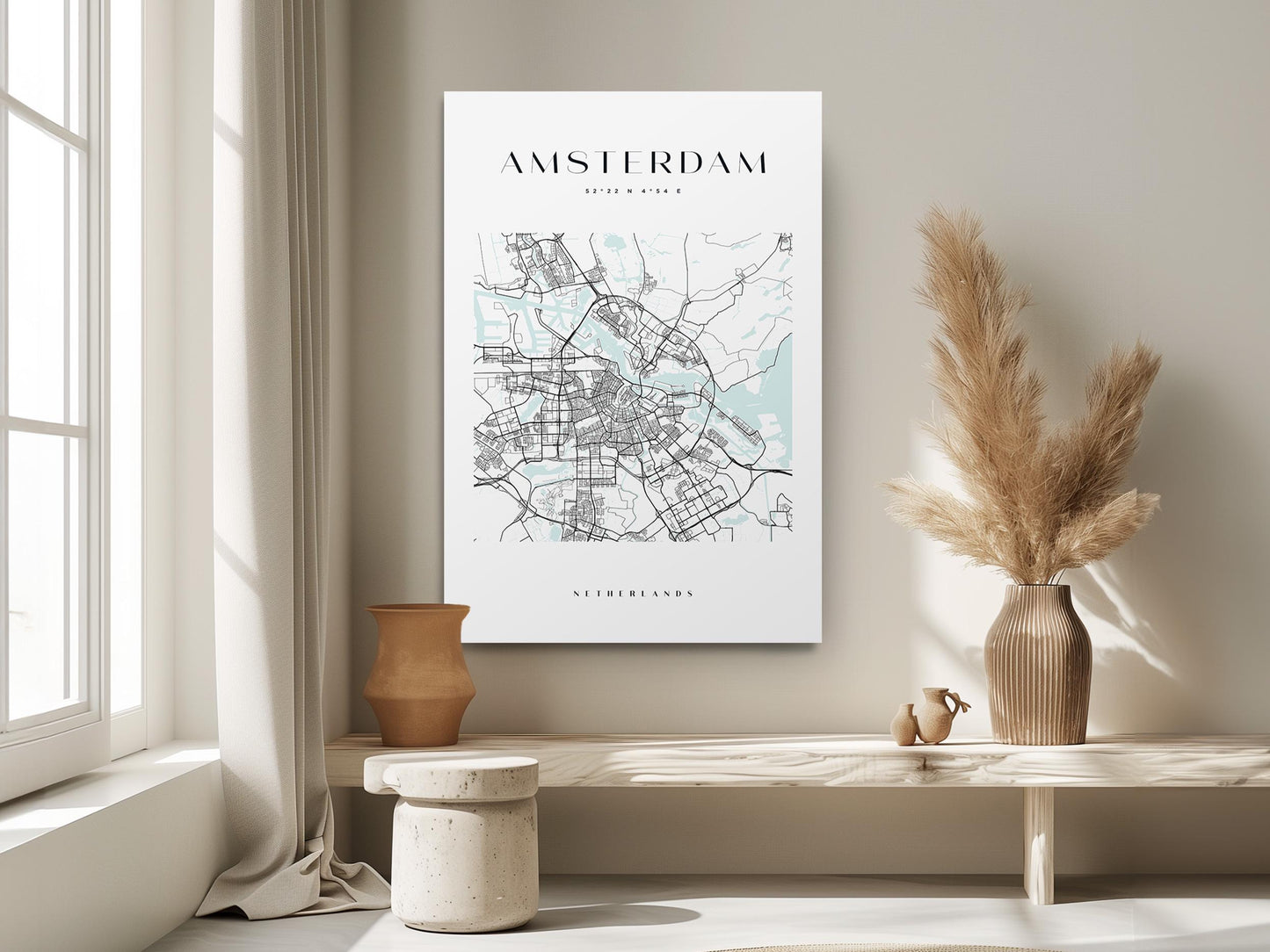 Amsterdam Map Canvas - Modern Minimalist City Wall Art | Rolled Or Ready To Hang