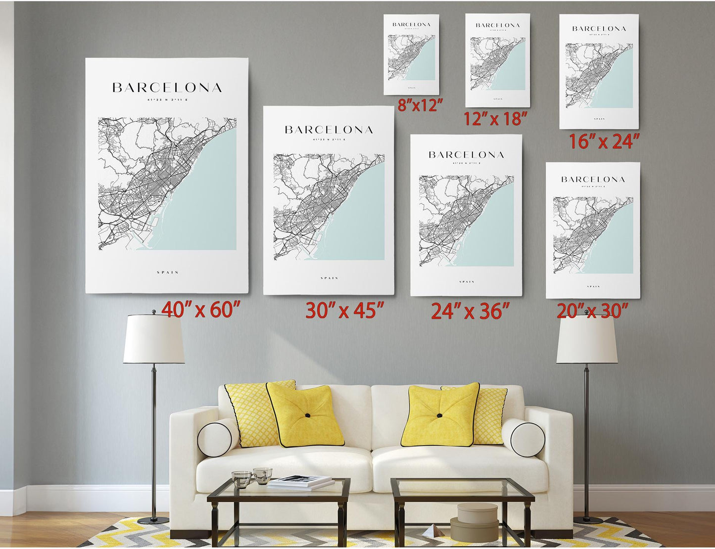 Barcelona Map Canvas | Modern City Map Art - Minimalist Spain Wall Decor